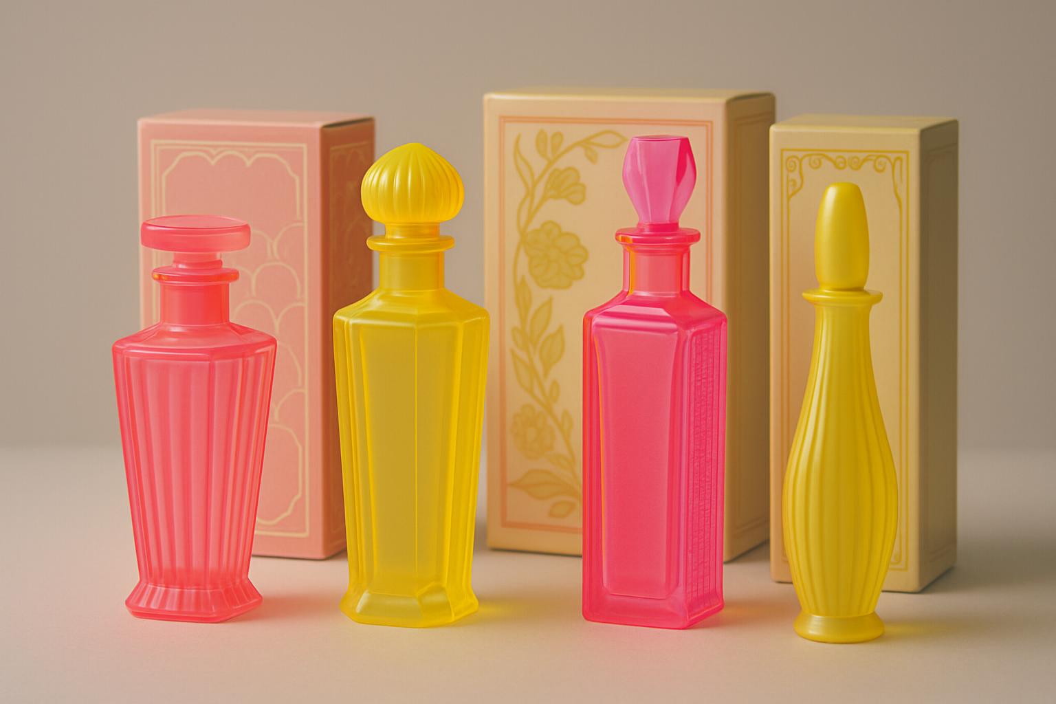 a variety of tall, 1950s and 1960s style cologne bottles crafted in vibrant pink and yellow neon colors, with decorative boxes behind them